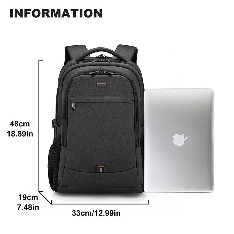 Sac à dos ordinateur étanche montrant les dimensions et la compatibilité avec un ordinateur portable
