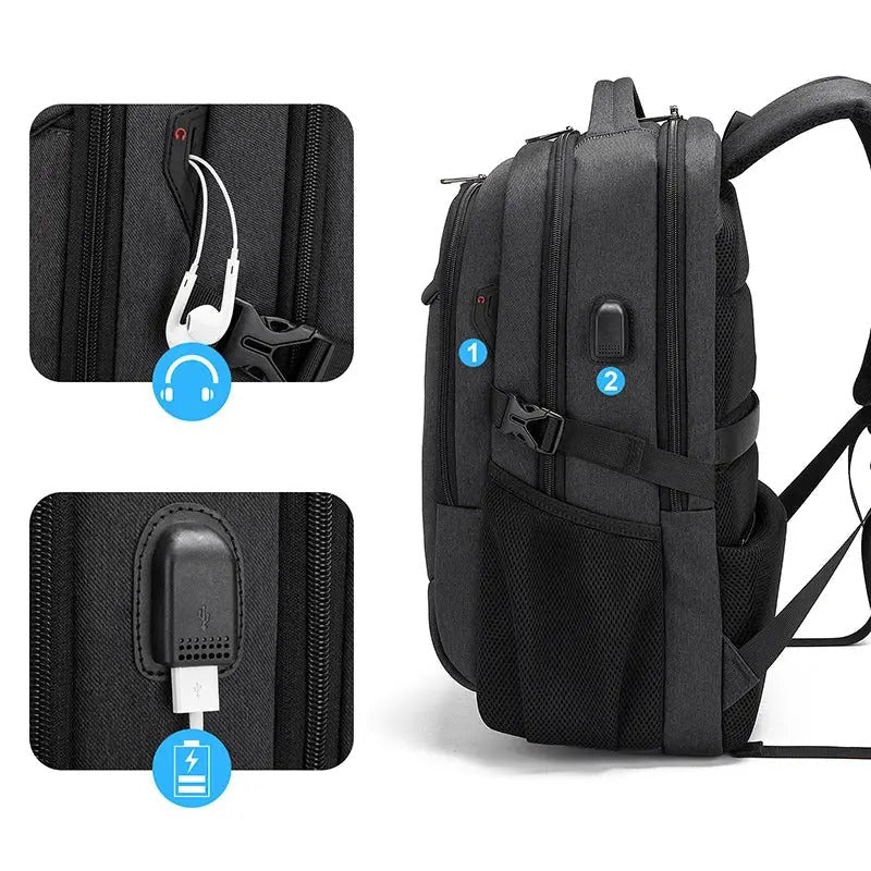 Sac à dos ordinateur étanche avec port USB intégré et compartiments latéraux organisés