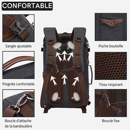 Sac à dos Sac One en toile résistante gris et marron, avec sangles ajustables, poignée confortable et tissu respirant.