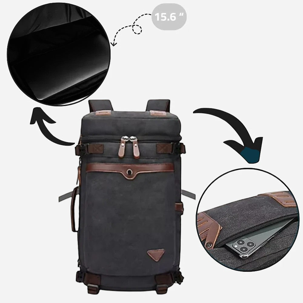 Sac à dos Sac One en toile noire résistante avec détails en cuir marron, compartiment pour ordinateur portable 15.6 pouces.