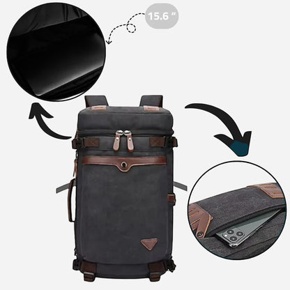 Sac à dos Sac One en toile noire résistante avec détails en cuir marron, compartiment pour ordinateur portable 15.6 pouces.
